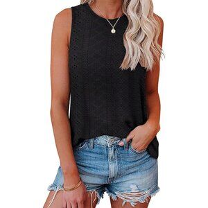 🆕Women  Black Polyester Eyelet Embroidery Crewneck Sleeveless Casual Tunic Top